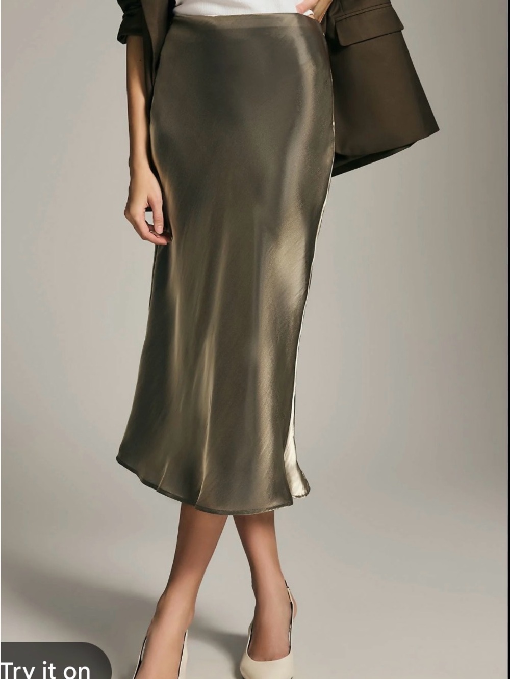Anthropologie Olive Satin Midi Skirt